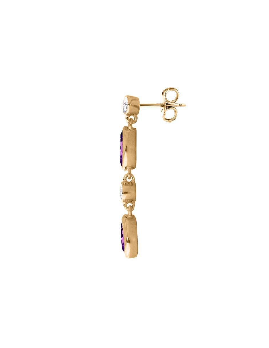 Aretes largos de gota de oro 14 K con acabado Texturizado Amatista y diamante 2