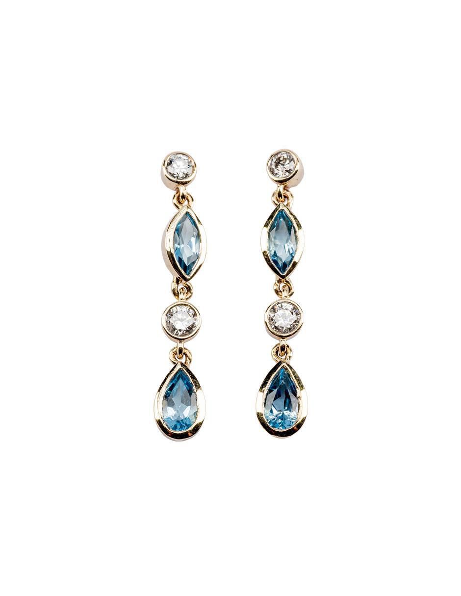 Aretes largos de gota de oro 14 K con acabado Texturizado Topacio y diamante