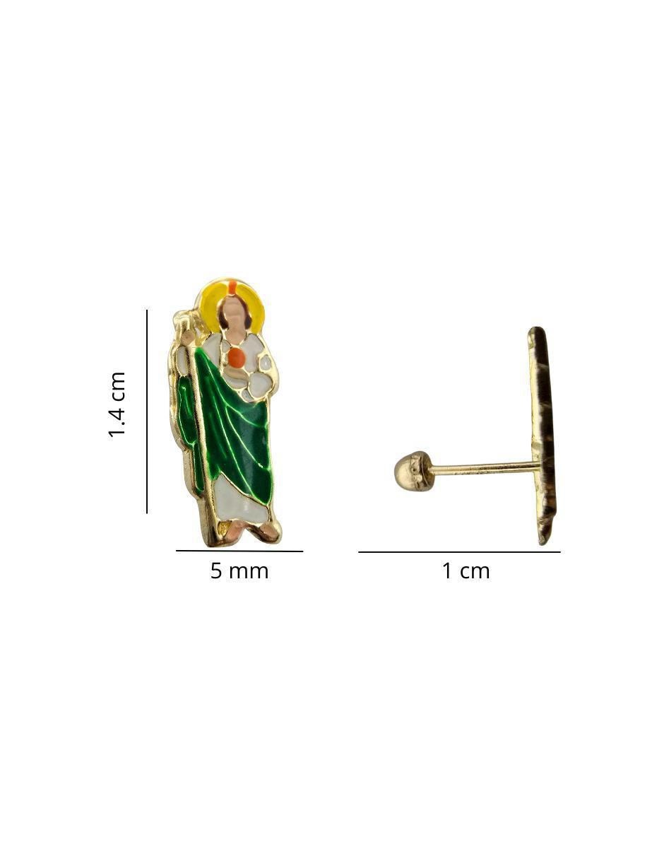 Broqueles San Judas Tadeo de oro 14 K con acabado esmaltado 4