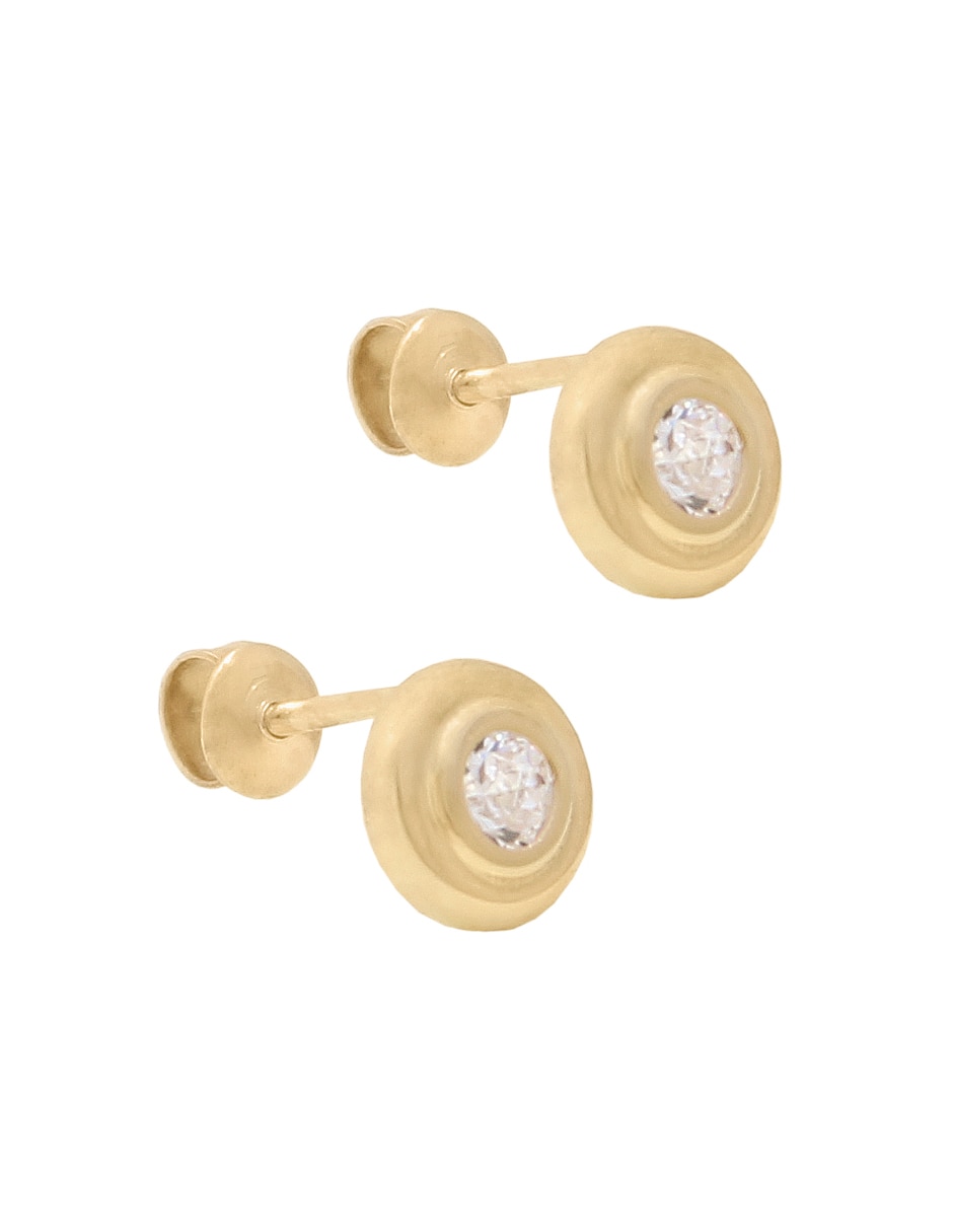 Broqueles redondos de oro amarillo 14 k con acabado pulido zirconia 1