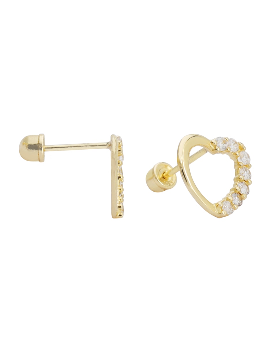 Broqueles de corazón de oro 14 K con acabado texturizado zirconia 3