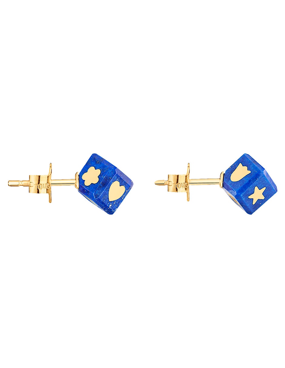 Broqueles de dado cube de oro amarillo 14 k con acabado brillante lapislázuli 7
