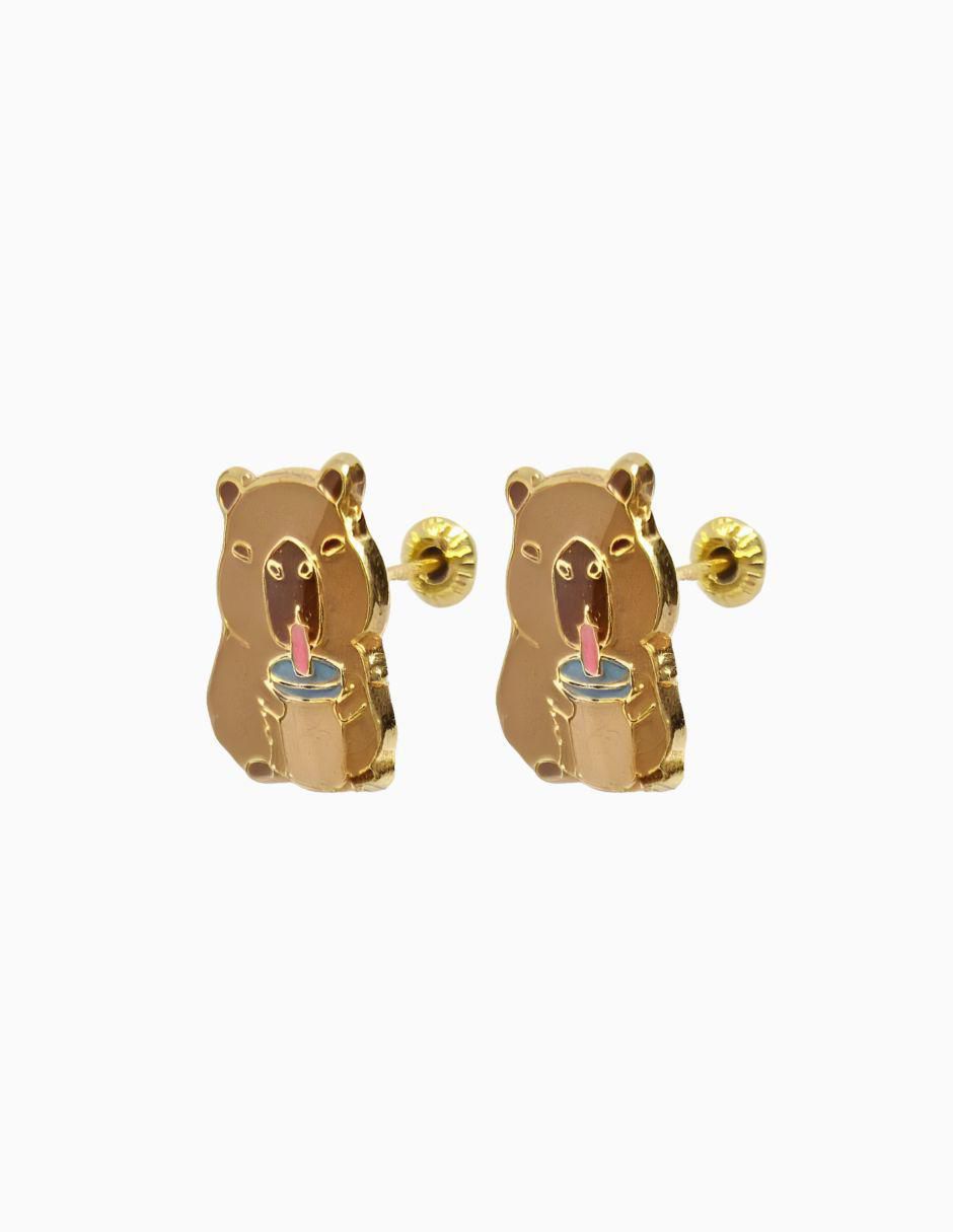 Broqueles de Capibara de oro 10 K con acabado esmaltado 3