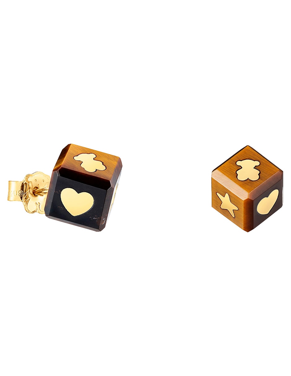 Broqueles de dado Cube de oro amarillo 14 K con acabado brillante ojo de tigre