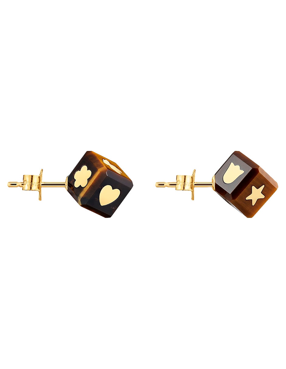 Broqueles de dado Cube de oro amarillo 14 K con acabado brillante ojo de tigre 2