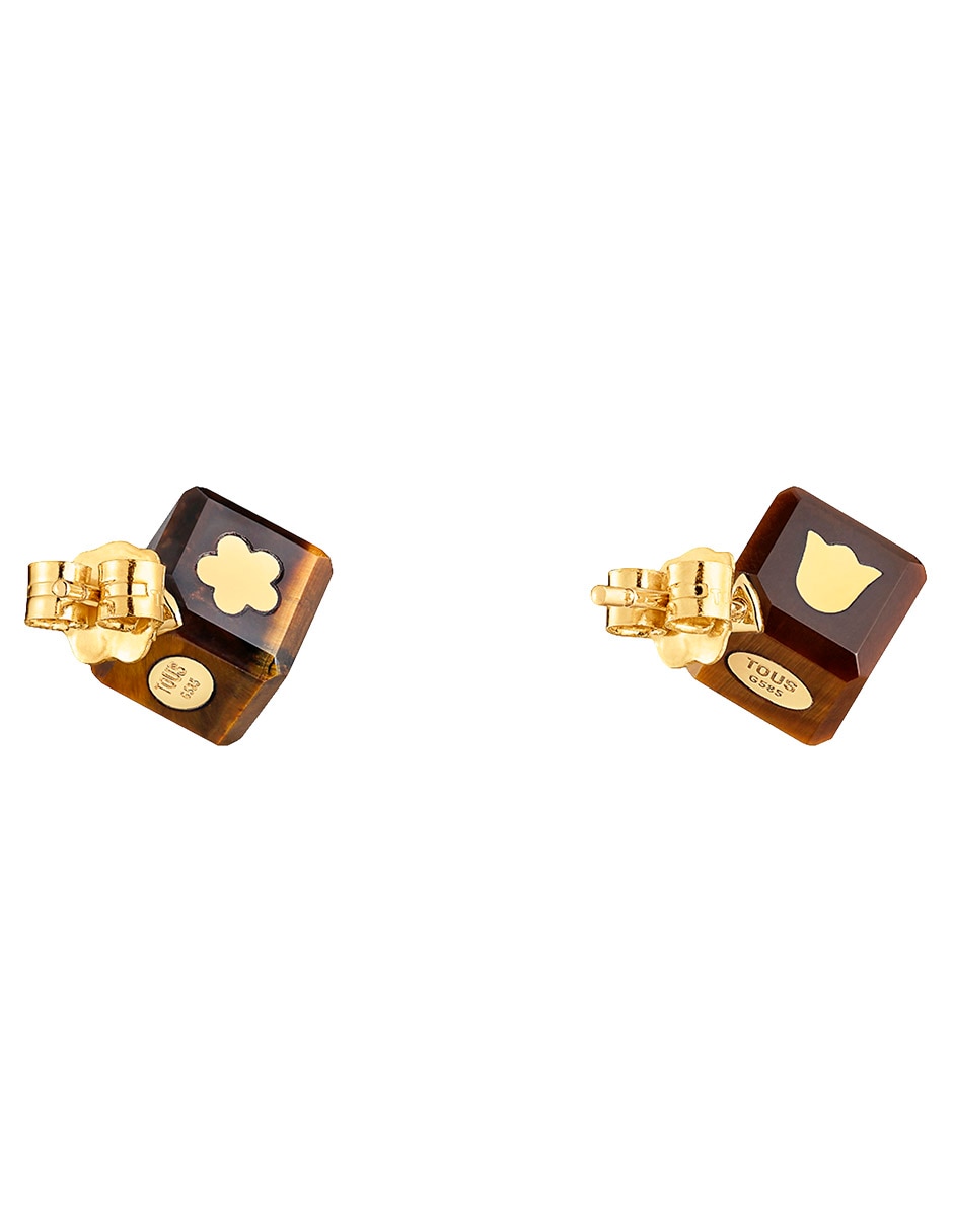 Broqueles de dado Cube de oro amarillo 14 K con acabado brillante ojo de tigre 3