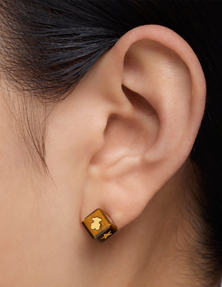 Broqueles de dado Cube de oro amarillo 14 K con acabado brillante ojo de tigre 6