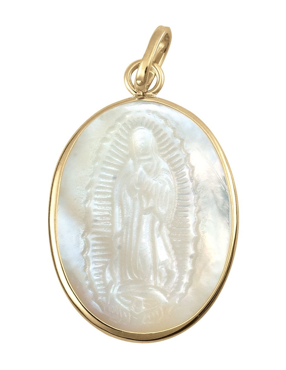 Medalla de virgen de guadalupe de oro amarillo 14 K madre perla Medalla de virgen de guadalupe de oro amarillo 14 K madre perla