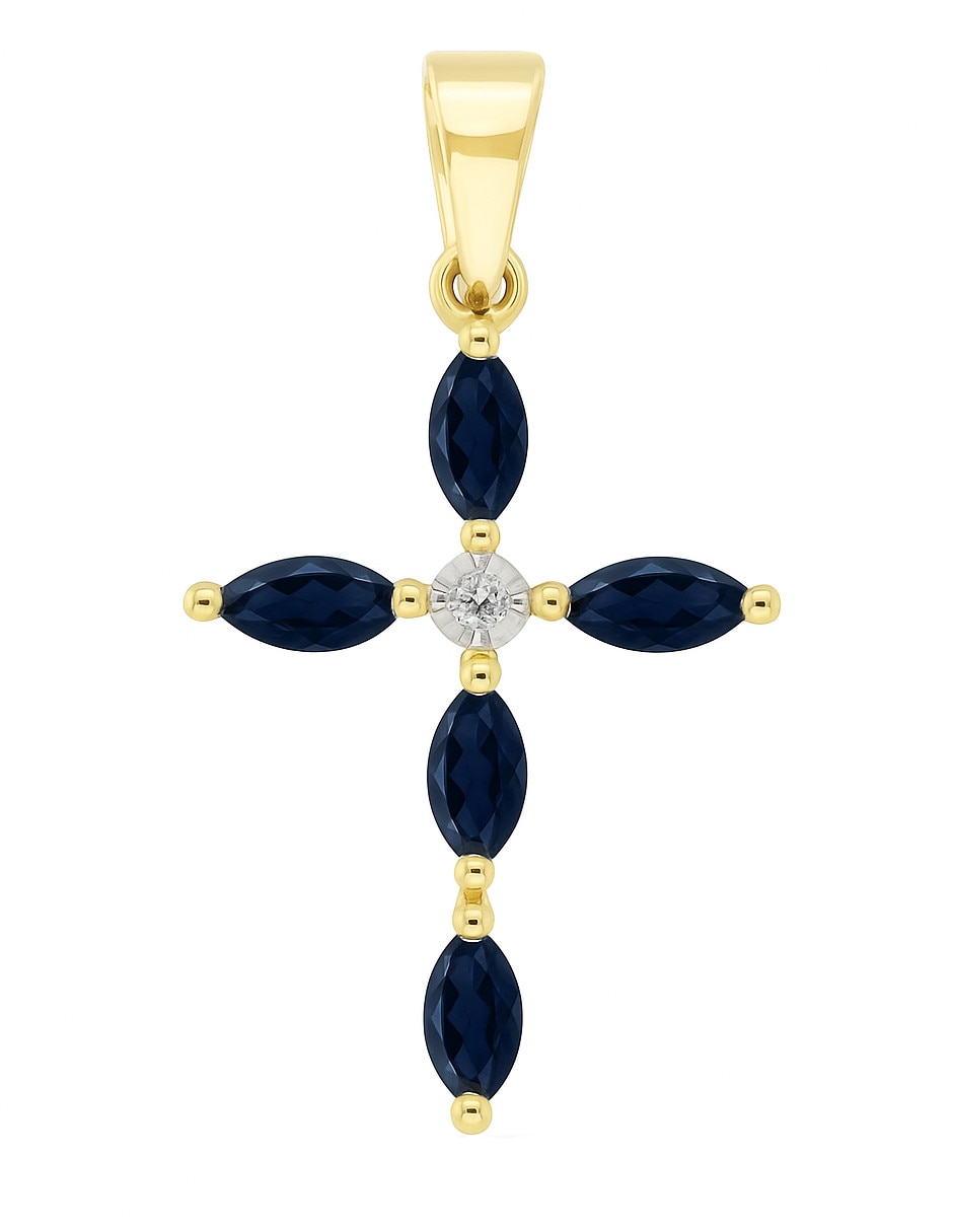 Dije de cruz de oro amarillo 14 K zafiro y diamante