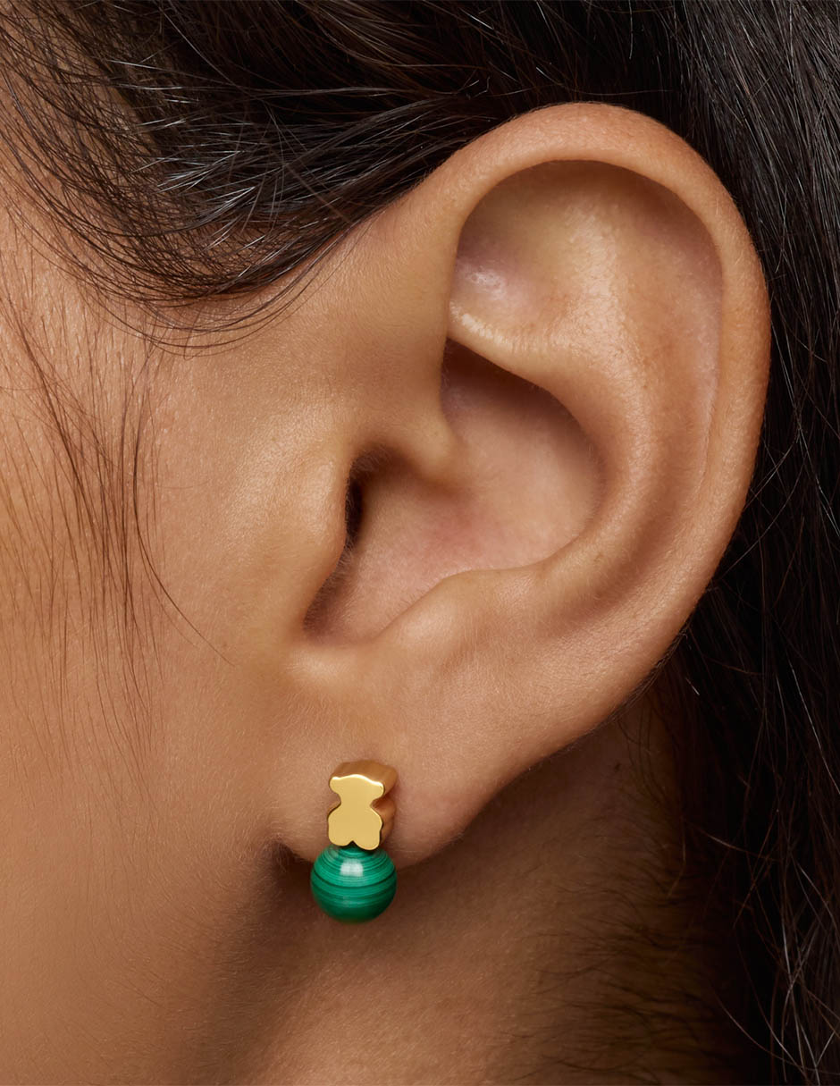 Aretes cortos de oso Icon Mesh de plata P 925 con acabado baño de oro malaquita 6