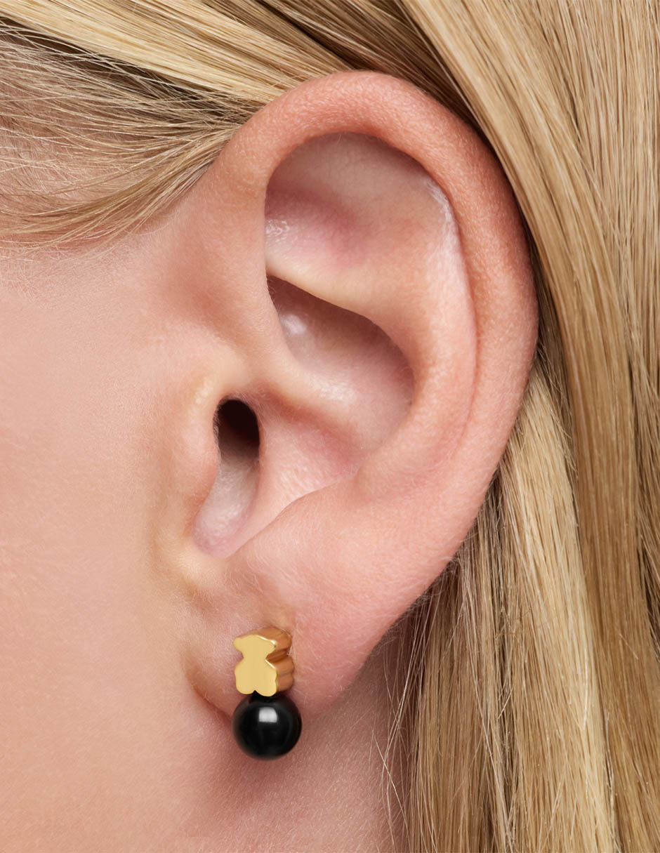 Aretes cortos de oso Icon Mesh de plata P 925 con acabado baño de oro ónix 6