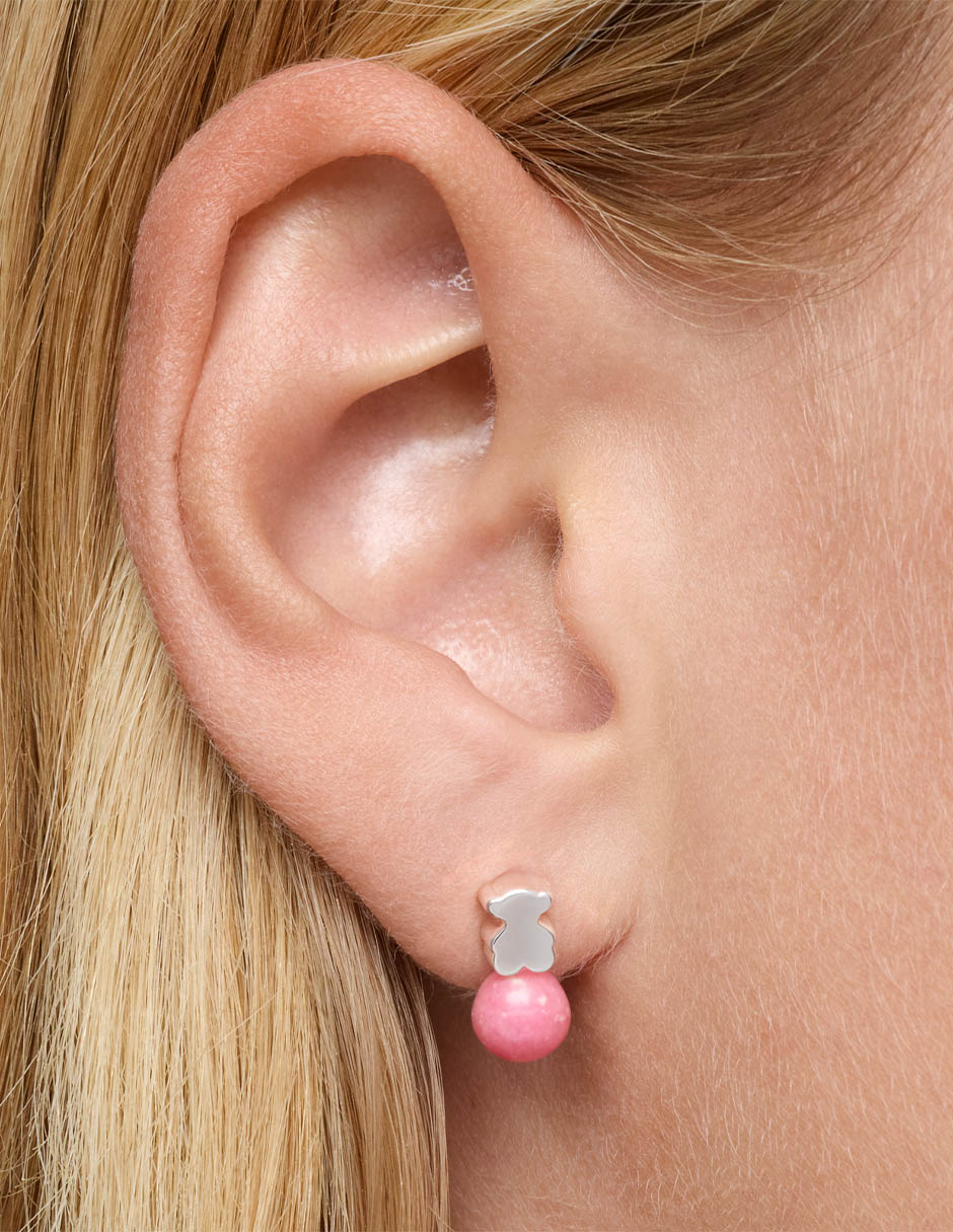 Aretes cortos de oso Icon Mesh de plata P 925 con acabado brillante rodonita 6