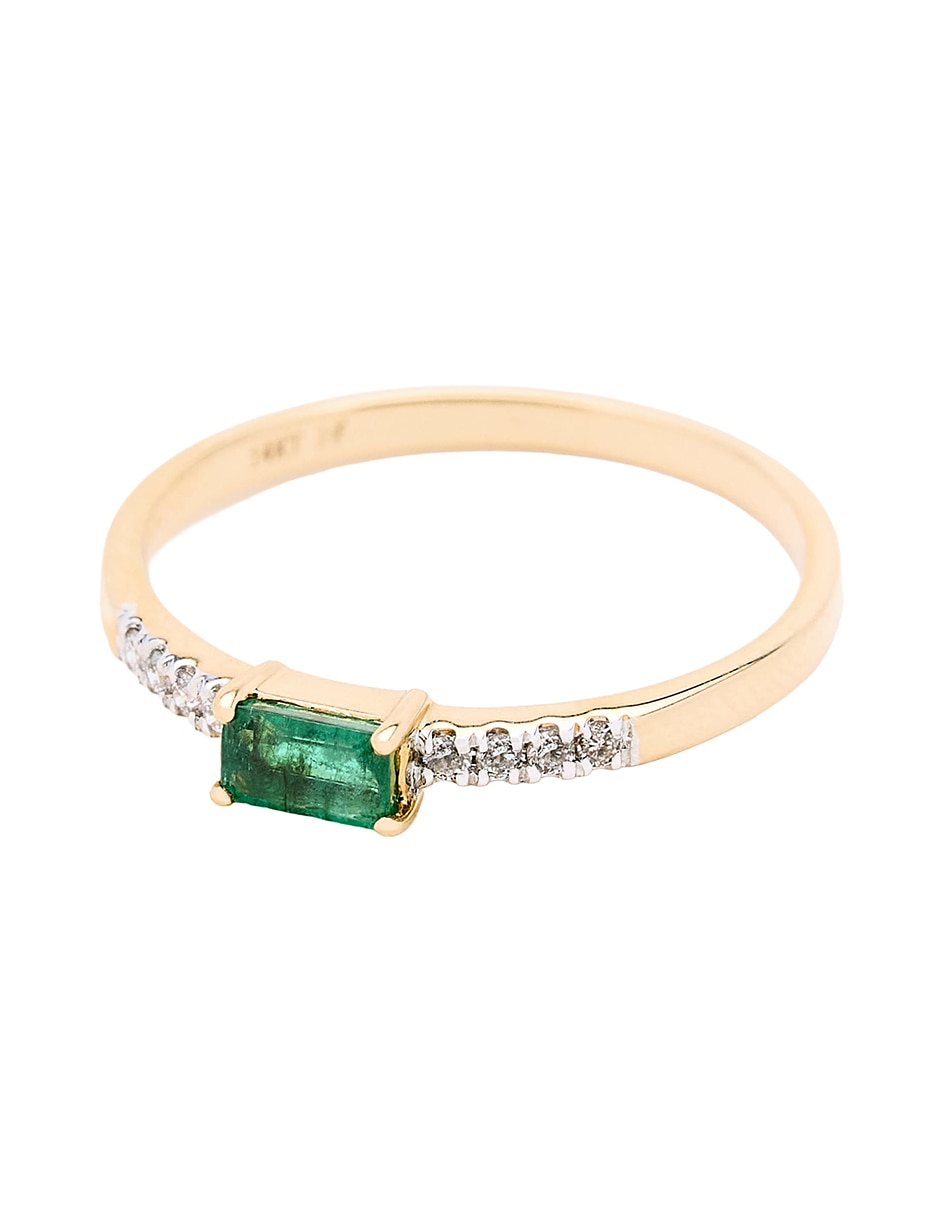 Anillo con gema circular 14 k de oro amarillo esmeralda y diamante pulido 2