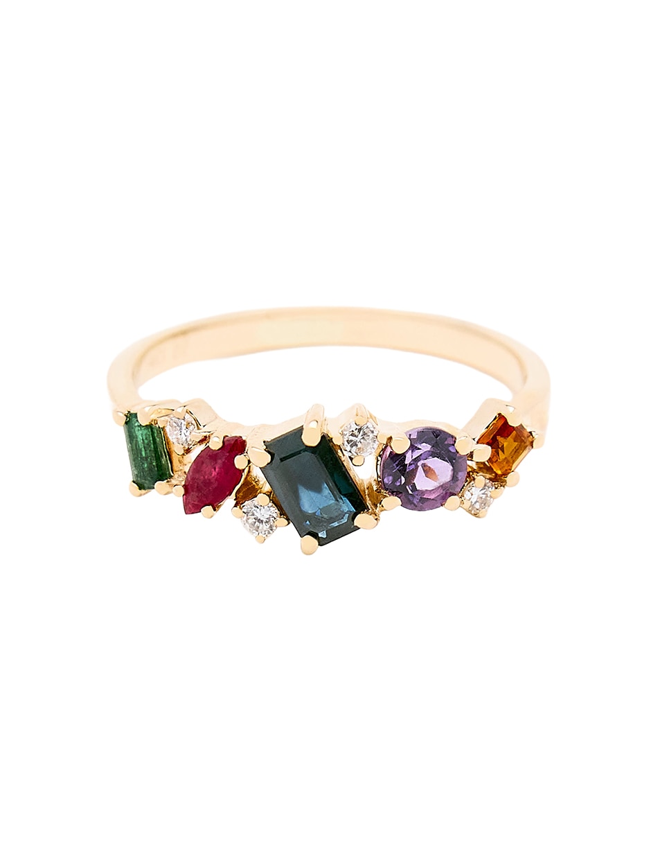 Anillo con gema circular 14 k de oro amarillo rubí, zafiro, esmeralda y diamante pulido Anillo con gema circular 14 k de oro amarillo rubí, zafiro, esmeralda y diamante pulido
