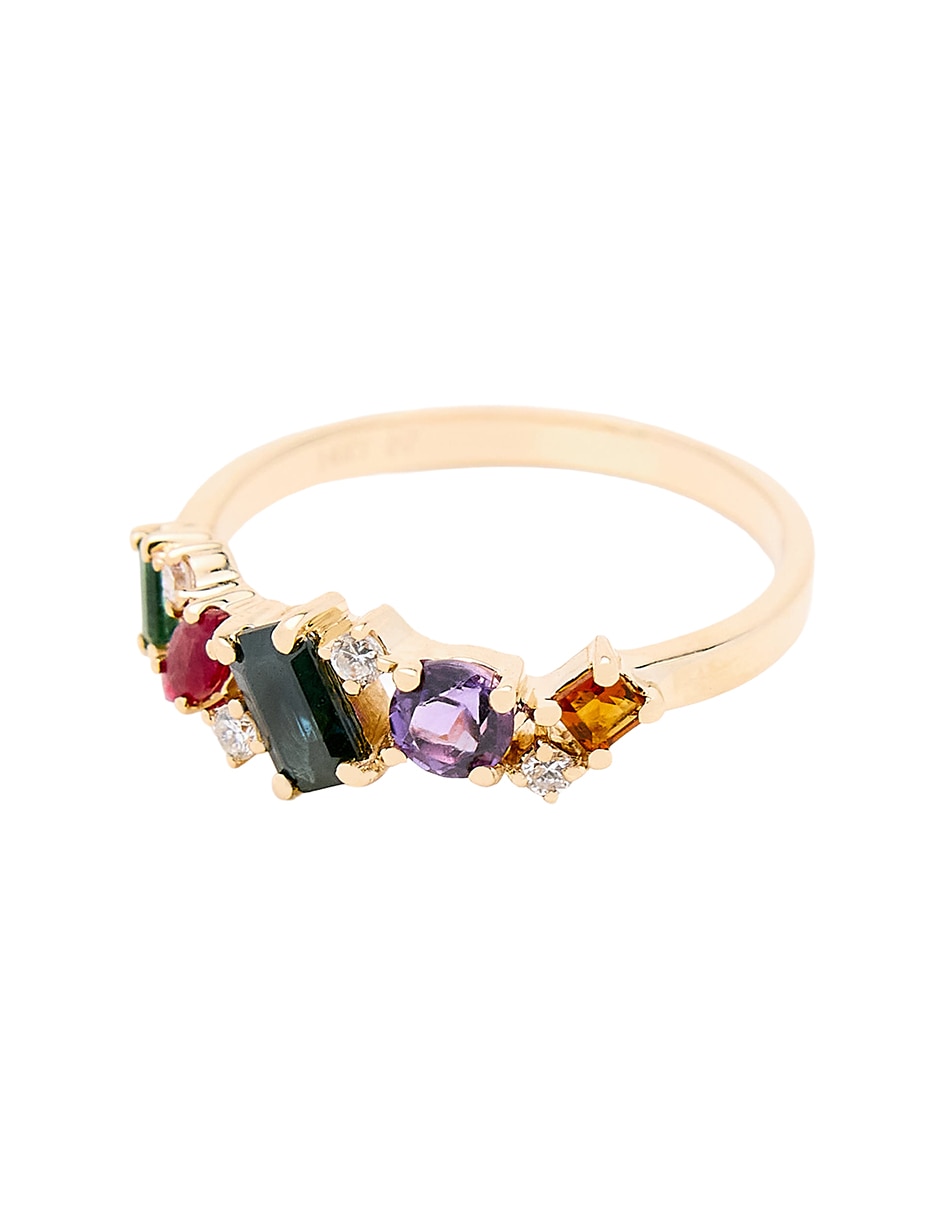 Anillo con gema circular 14 k de oro amarillo rubí, zafiro, esmeralda y diamante pulido 2