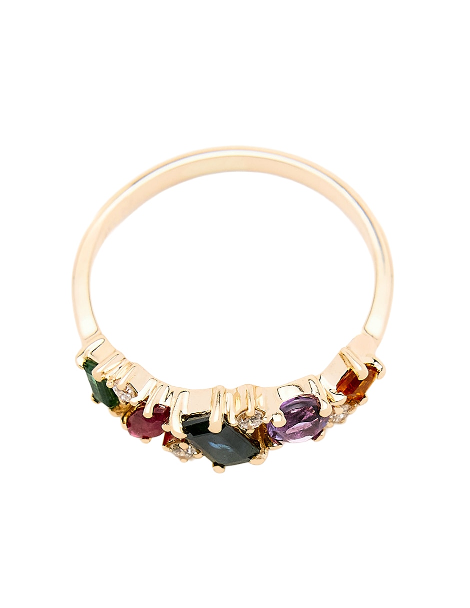 Anillo con gema circular 14 k de oro amarillo rubí, zafiro, esmeralda y diamante pulido 3