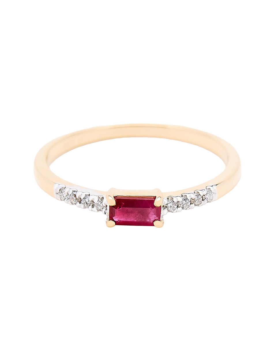 Anillo con gema circular 14 k de oro amarillo rubí y diamante pulido