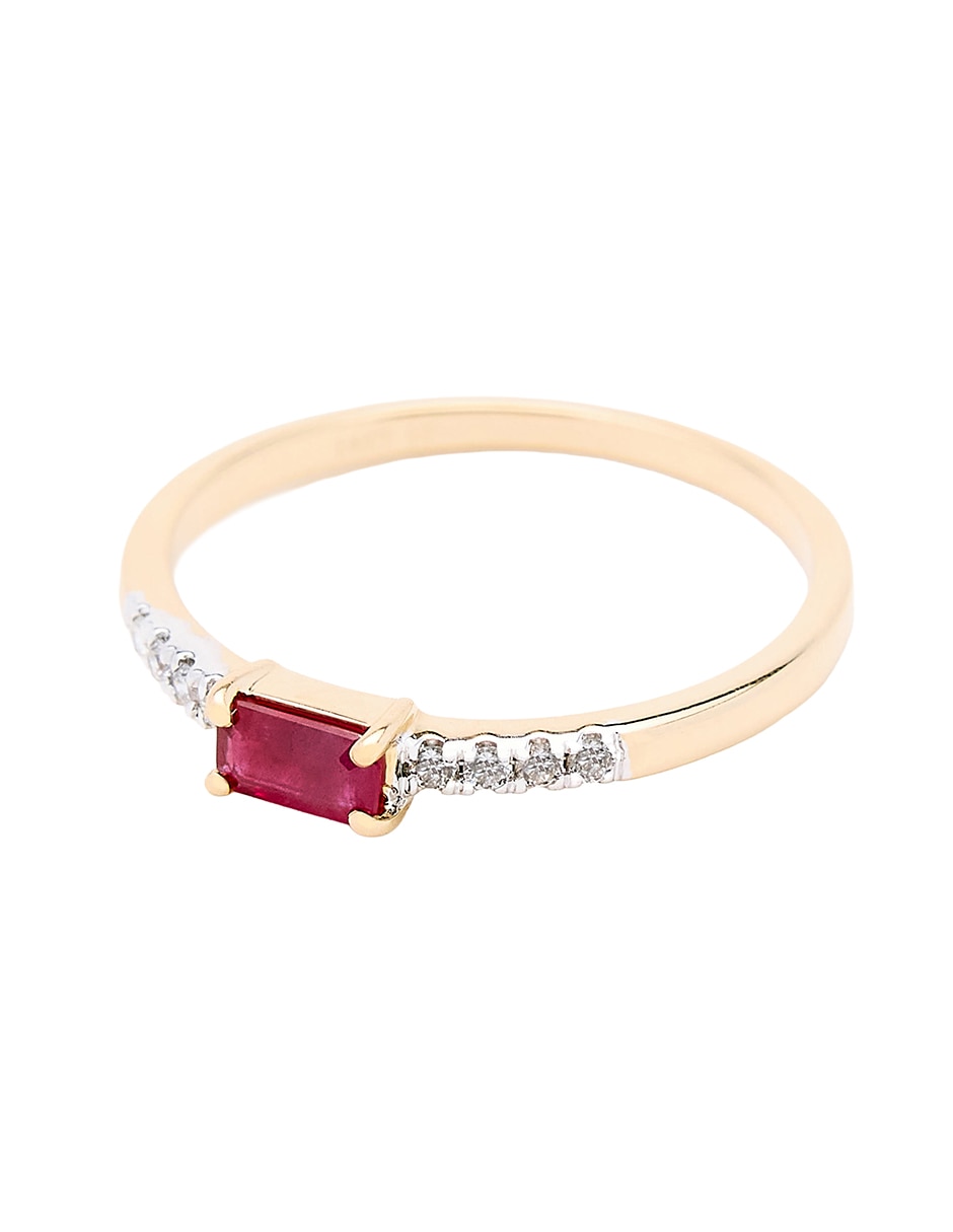Anillo con gema circular 14 k de oro amarillo rubí y diamante pulido 2
