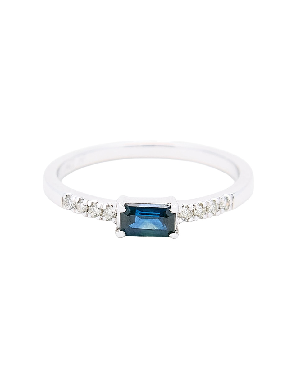 Anillo con gema circular 14 k de oro blanco zafiro y diamante pulido