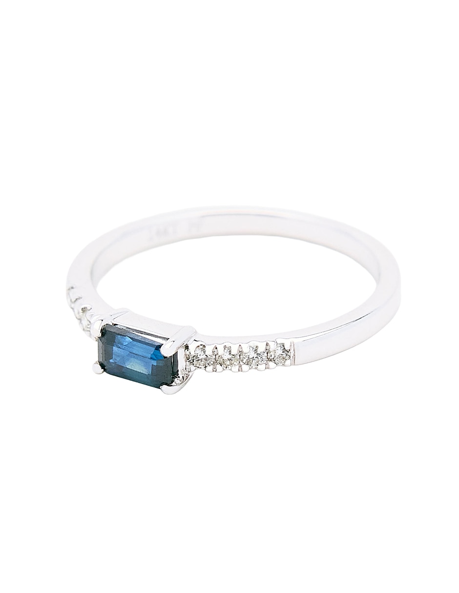 Anillo con gema circular 14 k de oro blanco zafiro y diamante pulido 2
