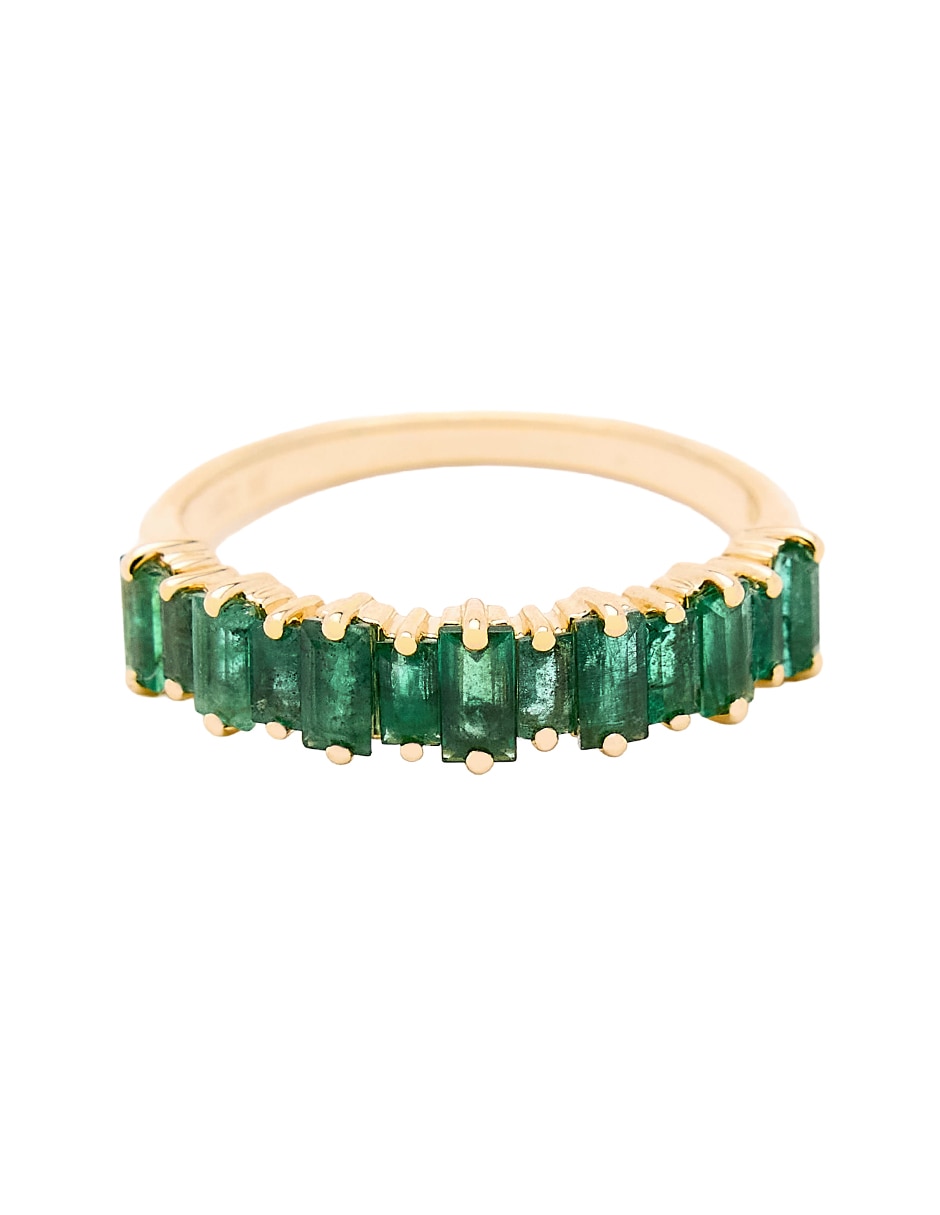 Anillo con gema circular 14 k de oro amarillo esmeralda pulido