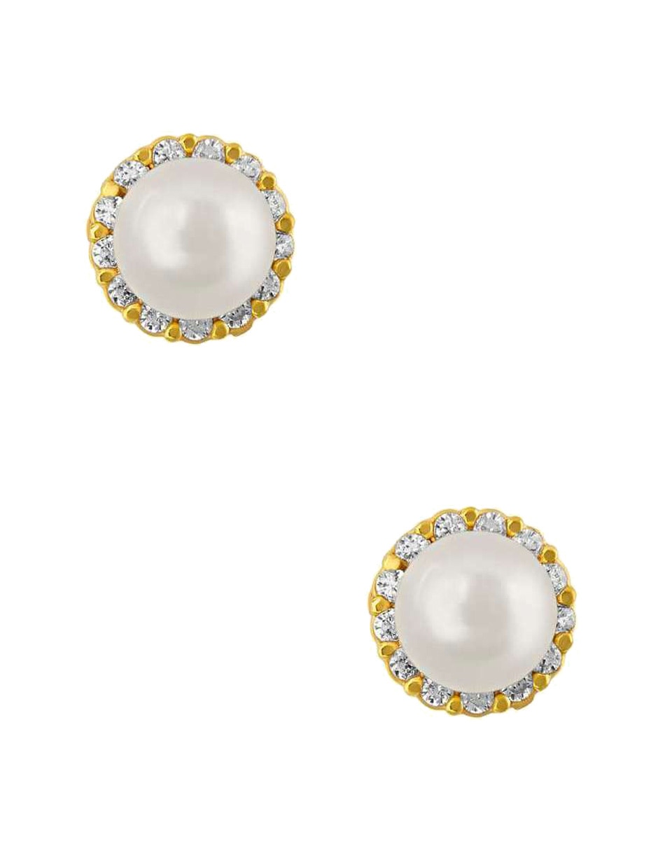 Broqueles de oro amarillo 14 k con acabado pavé perla con zirconia