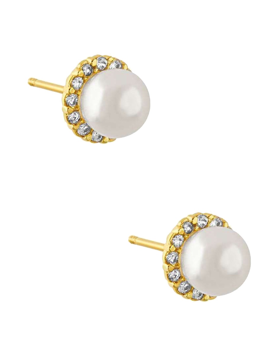 Broqueles de oro amarillo 14 k con acabado pavé perla con zirconia 2