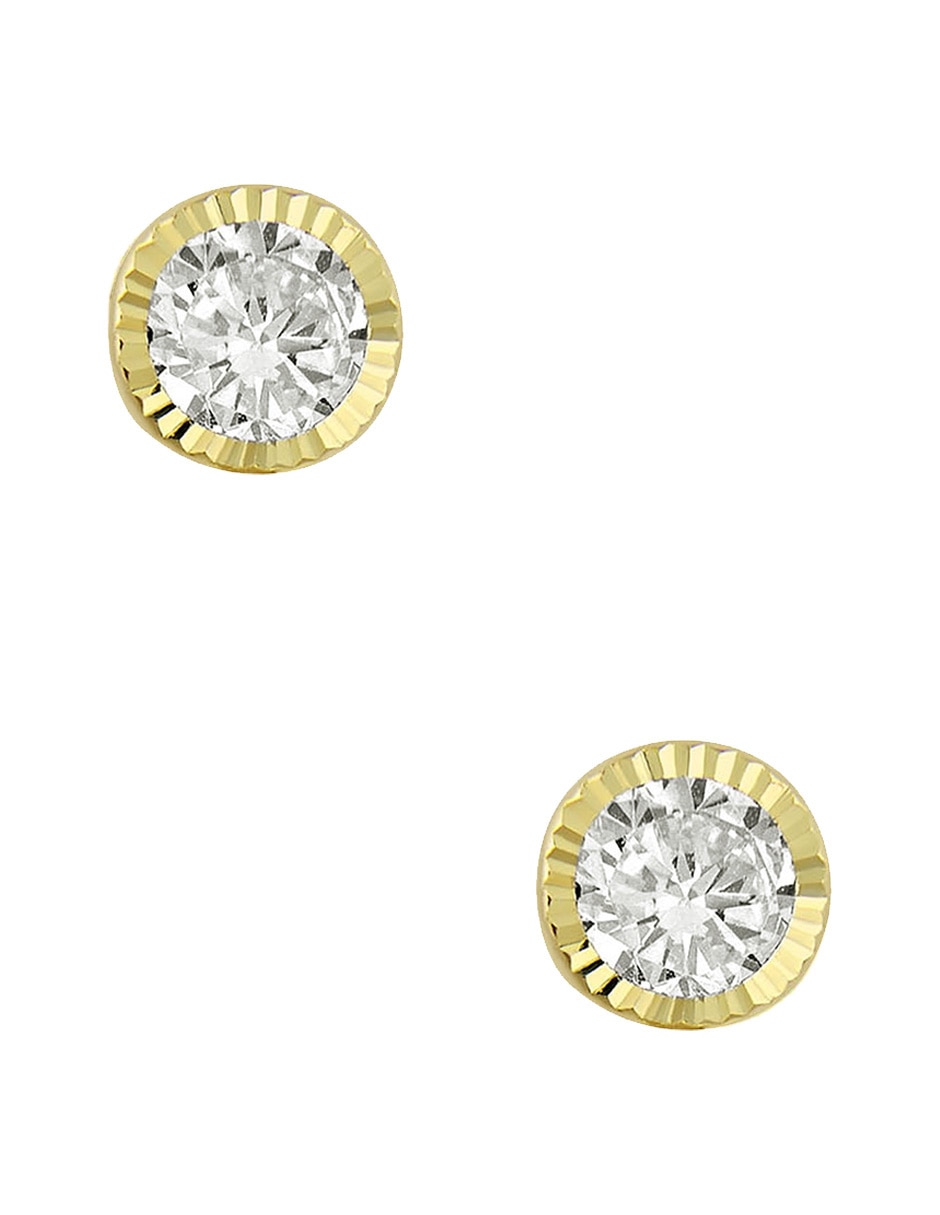 Broqueles redondos de oro amarillo 14 K con acabado diamantado zirconia Broqueles redondos de oro amarillo 14 K con acabado diamantado zirconia