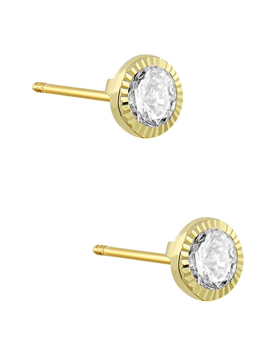 Broqueles redondos de oro amarillo 14 K con acabado diamantado zirconia 4