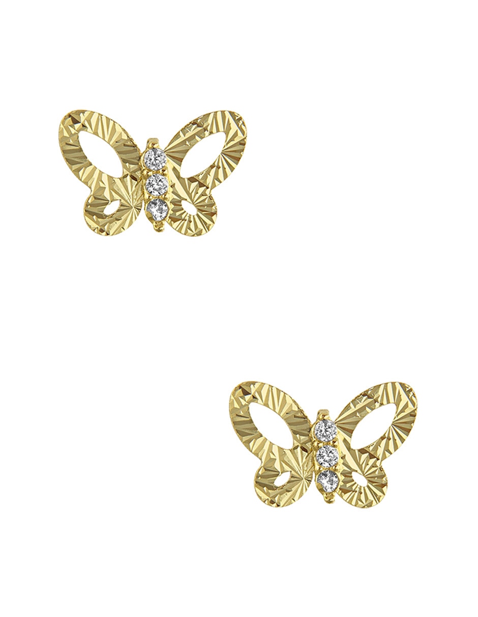 Broqueles de mariposa de oro amarillo 14 K con acabado diamantado zirconia