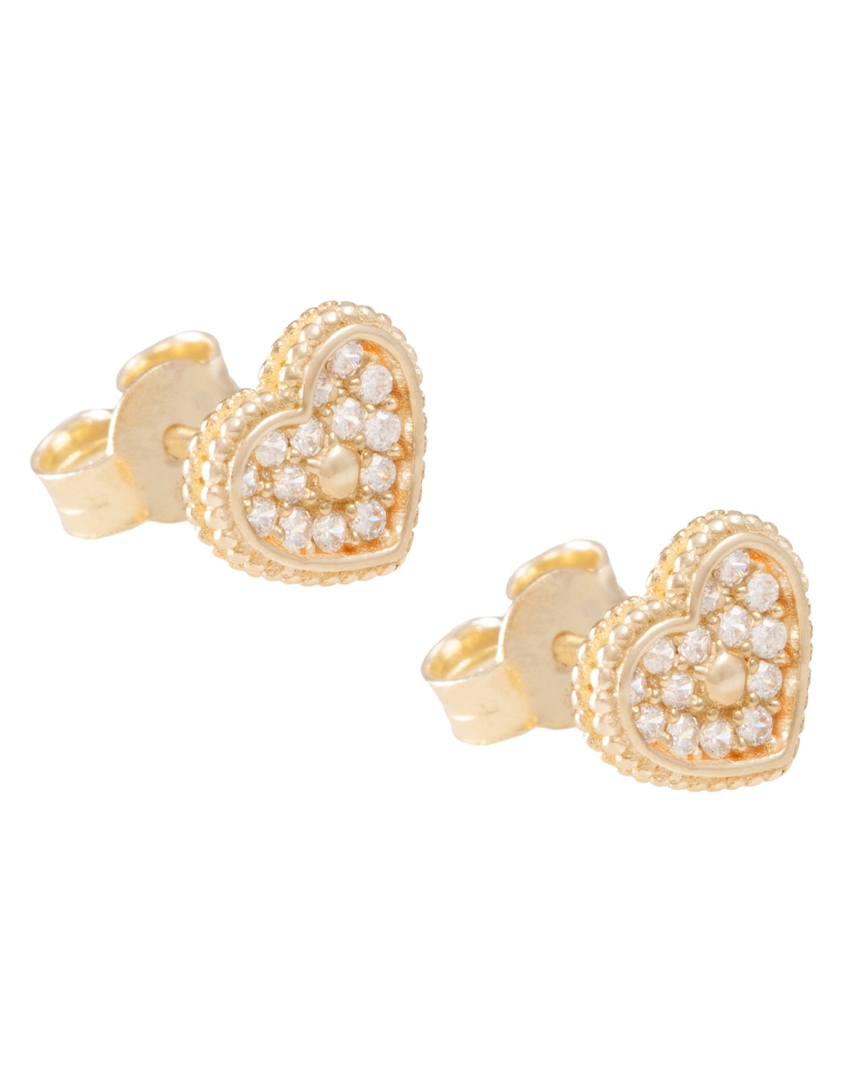 Aretes cortos de corazón de oro 14 k con acabado pulido zirconia Aretes cortos de corazón de oro 14 k con acabado pulido zirconia