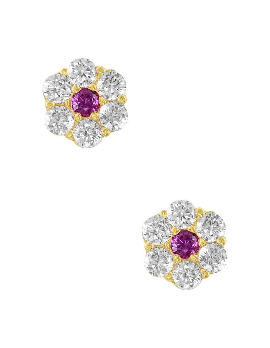 Broqueles de flor de oro amarillo 14 k con acabado pavé zirconia Broqueles de flor de oro amarillo 14 k con acabado pavé zirconia
