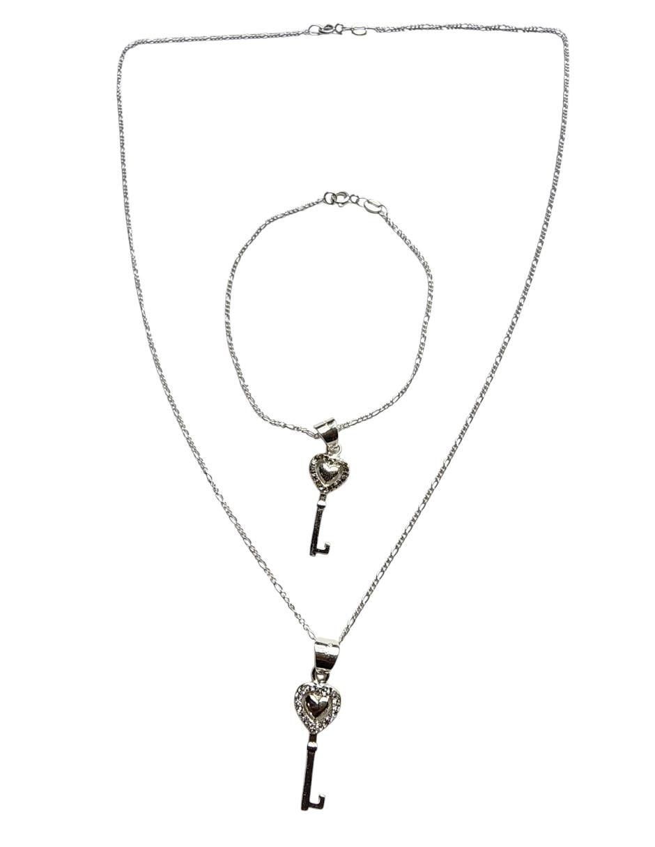 Collar y pulsera de llave Corazon de plata P 925 zirconia 2