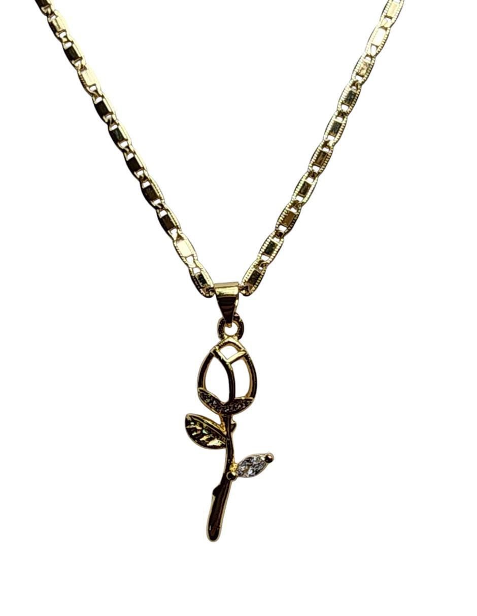 Collar con dije de flor Amor de oro laminado 14 K