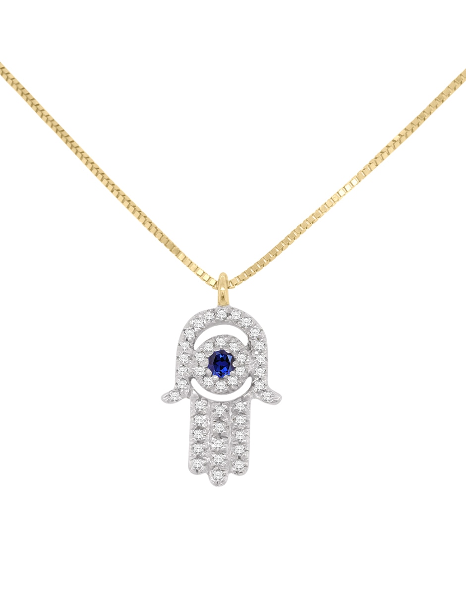 Colgante Y Dije de mano fatima de oro amarillo 14 K zafiro y diamante