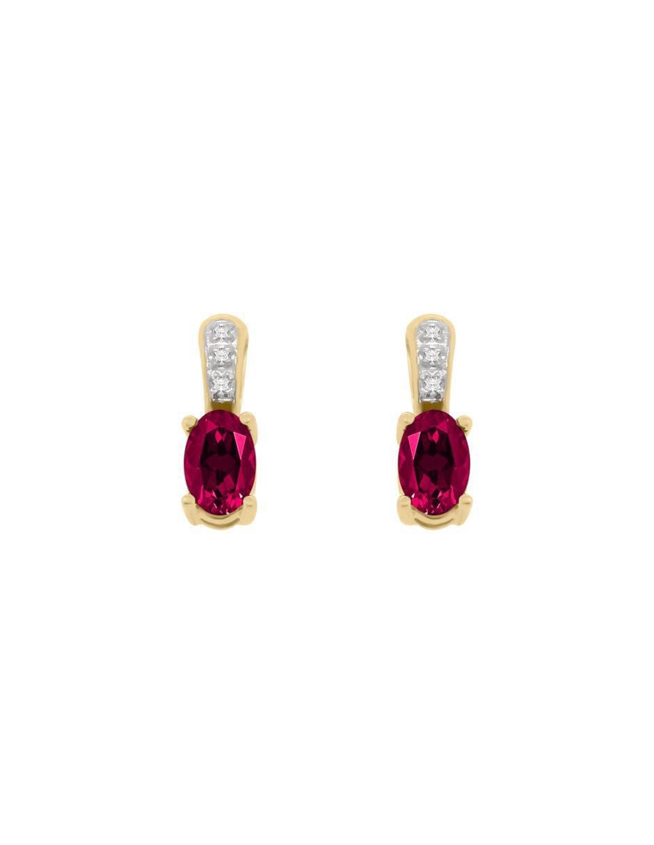Aretes cortos ovalados Rubeos de oro 14 k con acabado brillante rubí y diamante