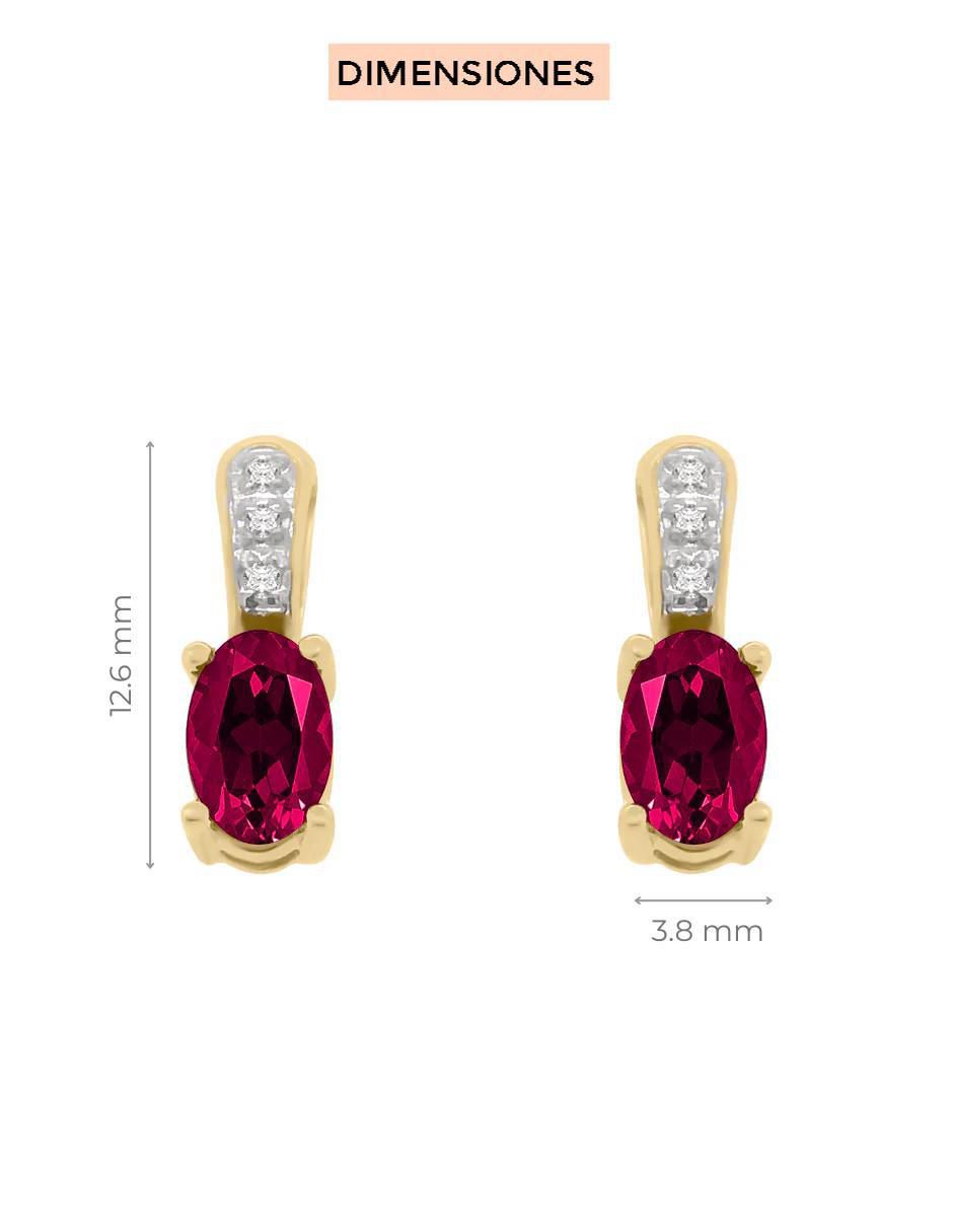 Aretes cortos ovalados Rubeos de oro 14 k con acabado brillante rubí y diamante 3