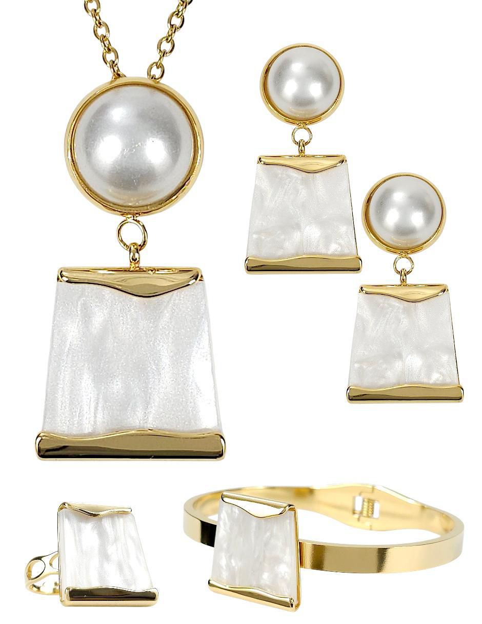 Collar, pulsera, anillo y aretes perla de cristal