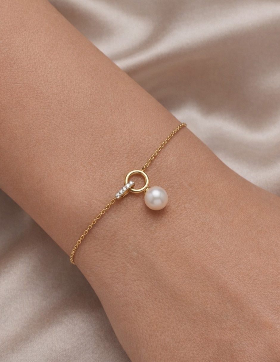 Pulsera de oro con perla 14 K acabado brillante 3