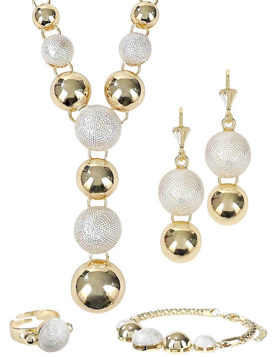 Collar, pulsera, anillo y aretes de bola con acabado baño de oro 18 K Collar, pulsera, anillo y aretes de bola con acabado baño de oro 18 K