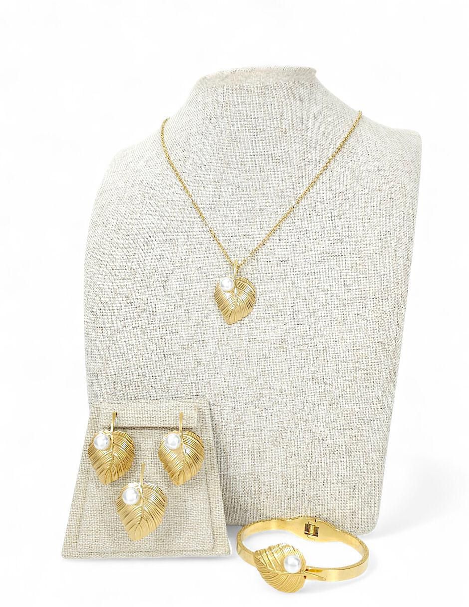 Collar, pulsera, anillo y arete de hoja perla de cristal 11