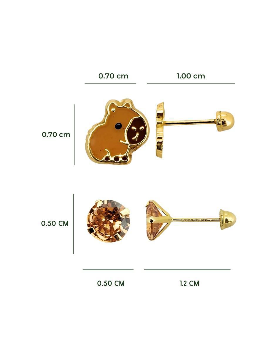 Broqueles capibara de oro amarillo 10 k con acabado esmaltado zirconia 5