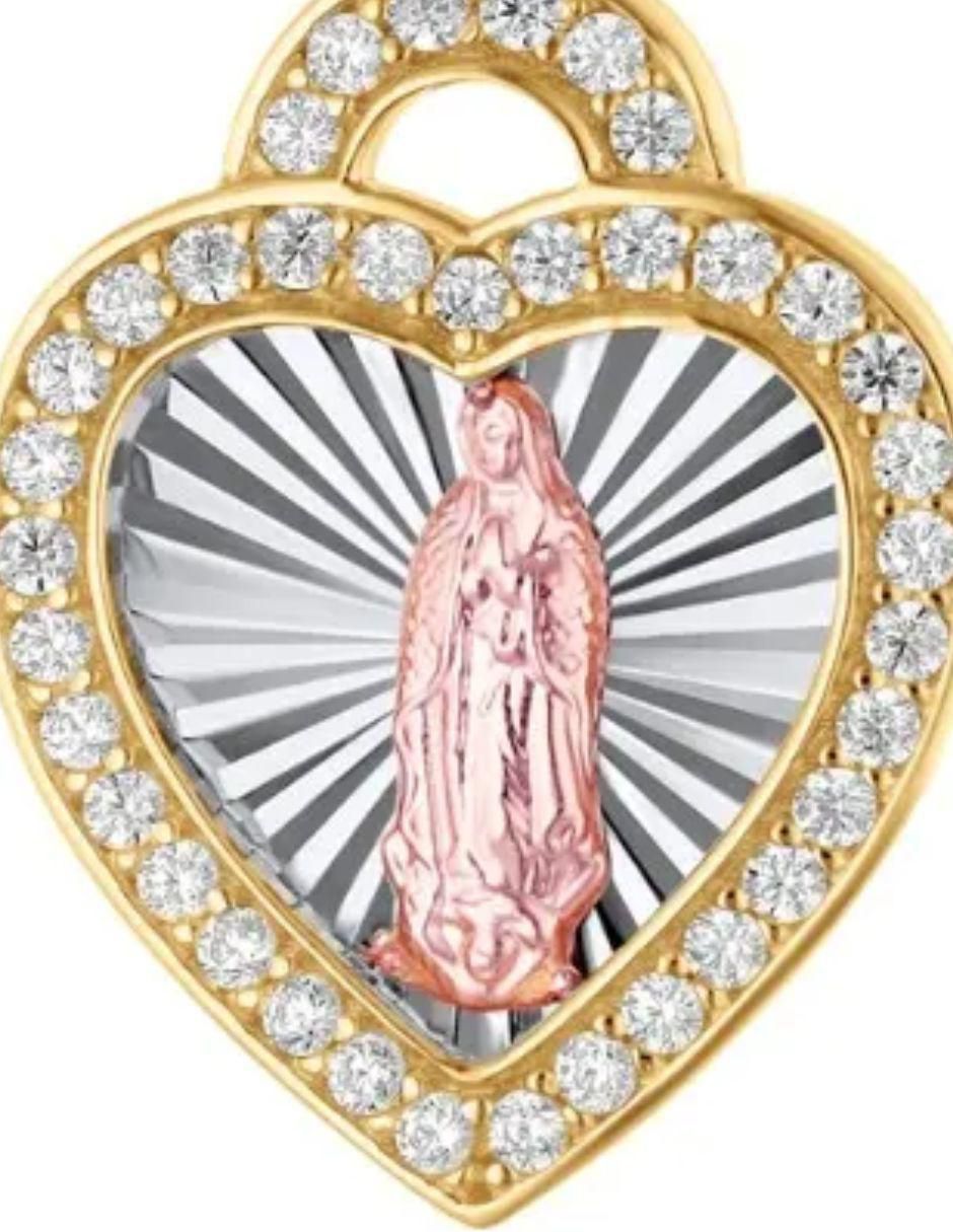 Medalla de corazón virgen de guadalupe de oro florentino 14 K zirconia 2