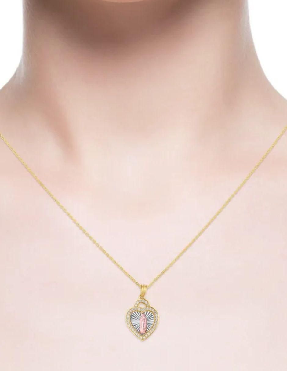 Medalla de corazón virgen de guadalupe de oro florentino 14 K zirconia 3