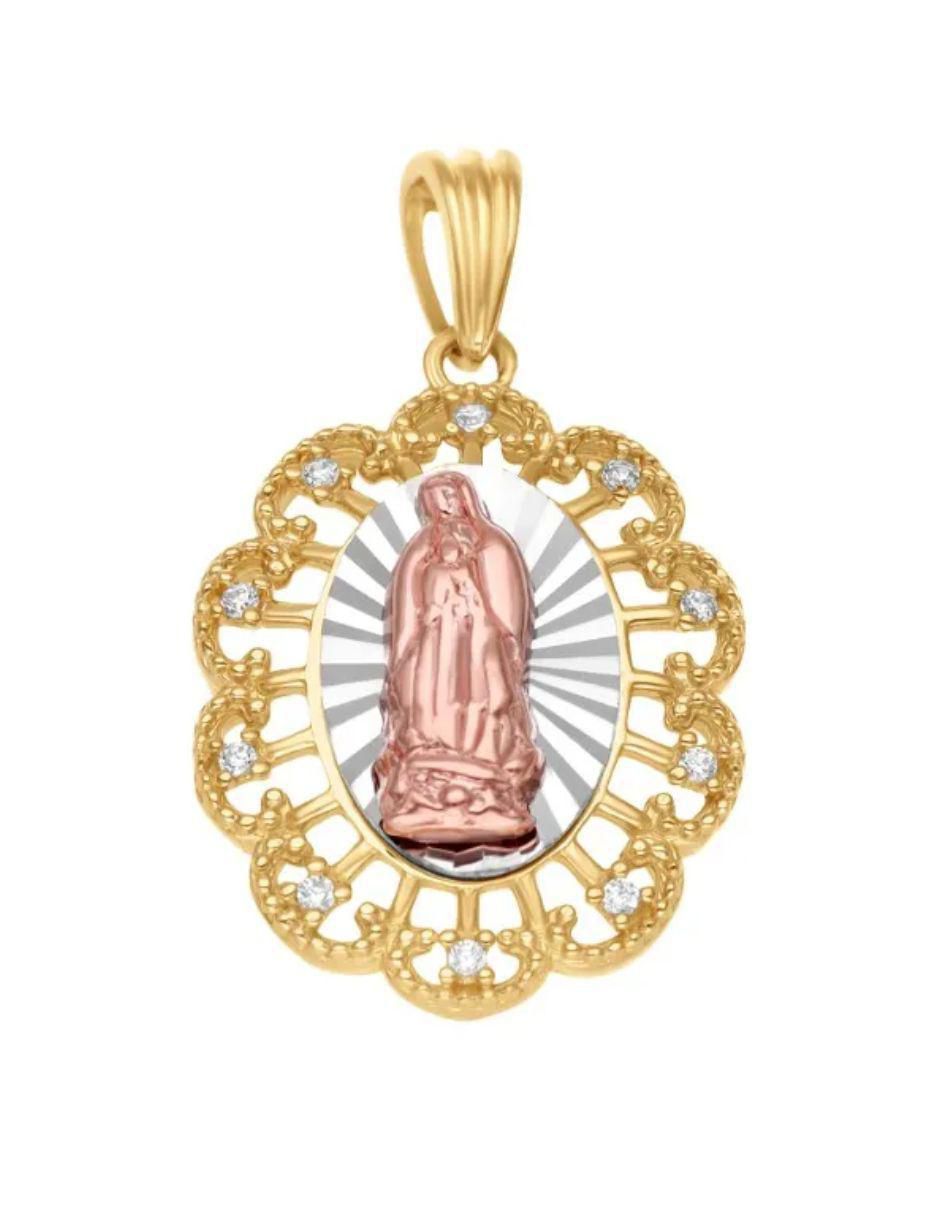 Medalla de flor virgen de guadalupe de oro florentino 14 K zirconia Medalla de flor virgen de guadalupe de oro florentino 14 K zirconia