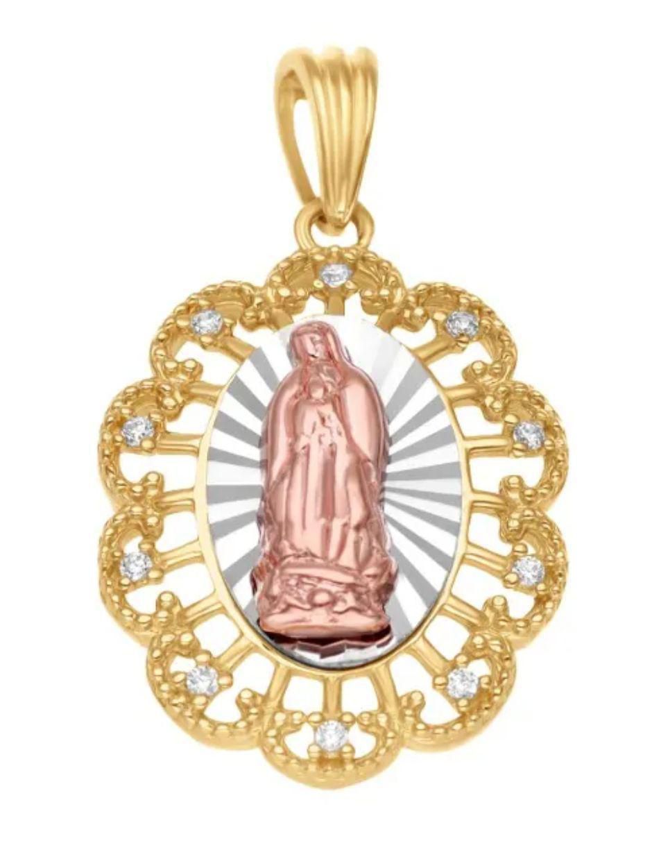 Medalla de flor virgen de guadalupe de oro florentino 14 K zirconia 2