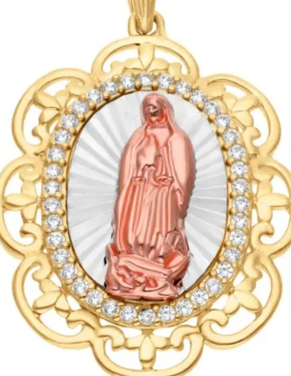 Medalla de flor virgen de guadalupe de oro florentino 14 K zirconia 2
