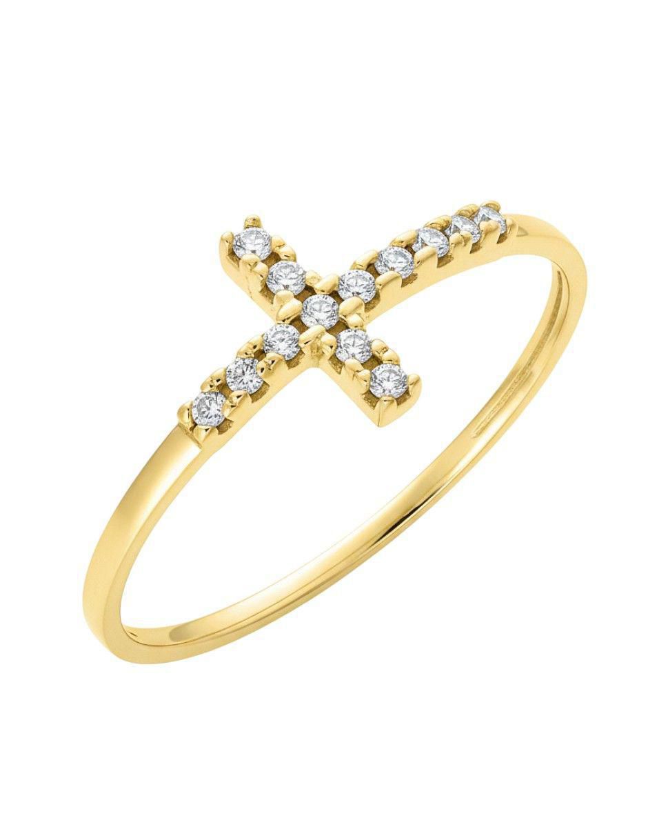 Anillo de cruz 10 k de oro zirconia pulido