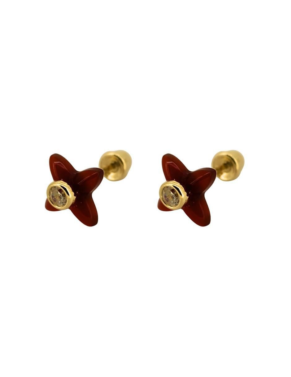 Broqueles de flor de oro amarillo 10 K con acabado brillante zirconia 3