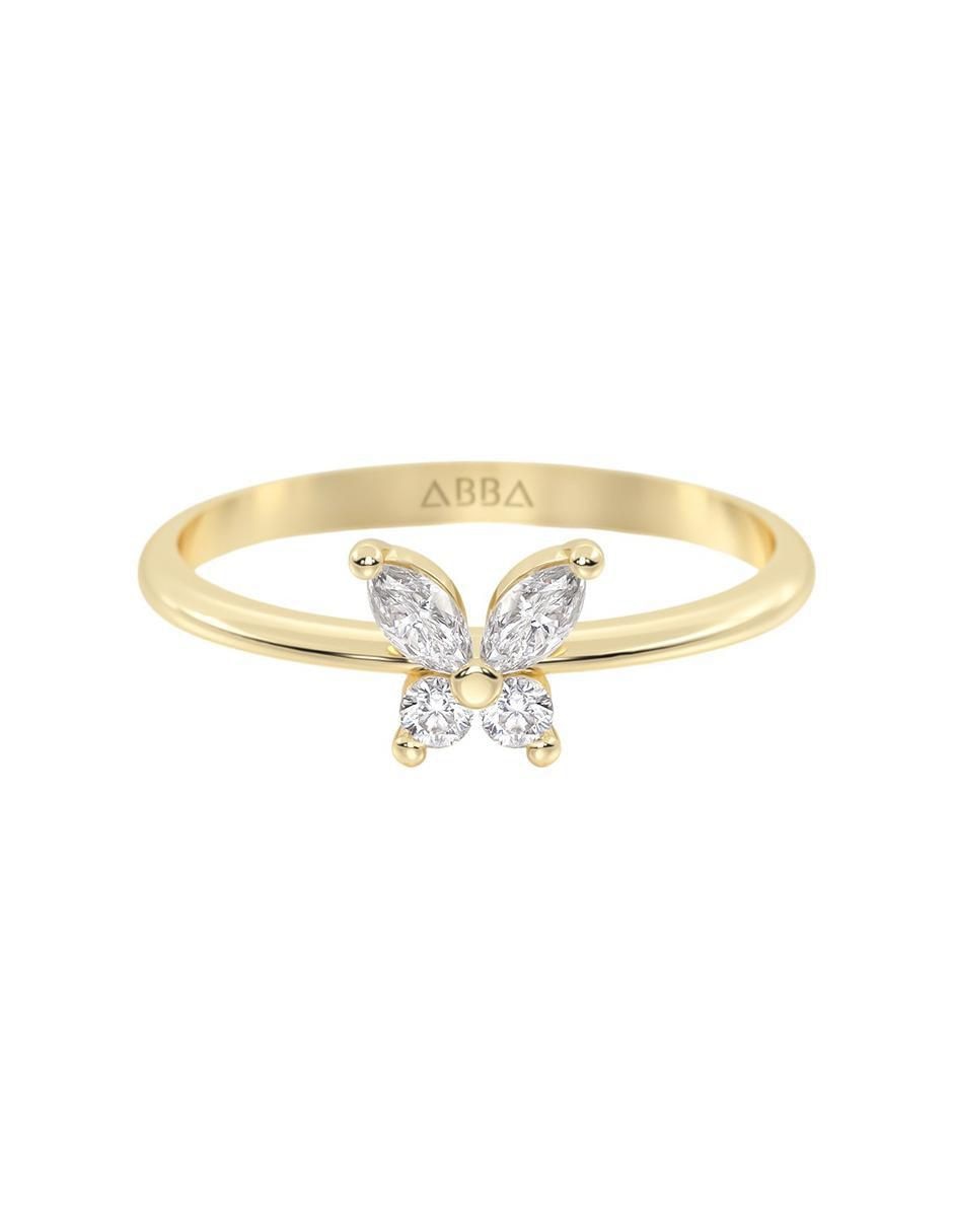Anillo con gema de mariposa 14 k de oro zirconia brillante